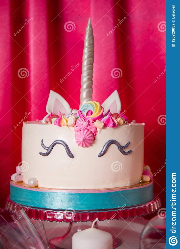 Baby Girl Birthday Cake Sweet Table And Big Unicorn Cake For Ba Girl First Birthday Stock Baby Girl Birthday Cake Sweet Table And Big Unicorn Cake For Ba Girl First Birthday Stock