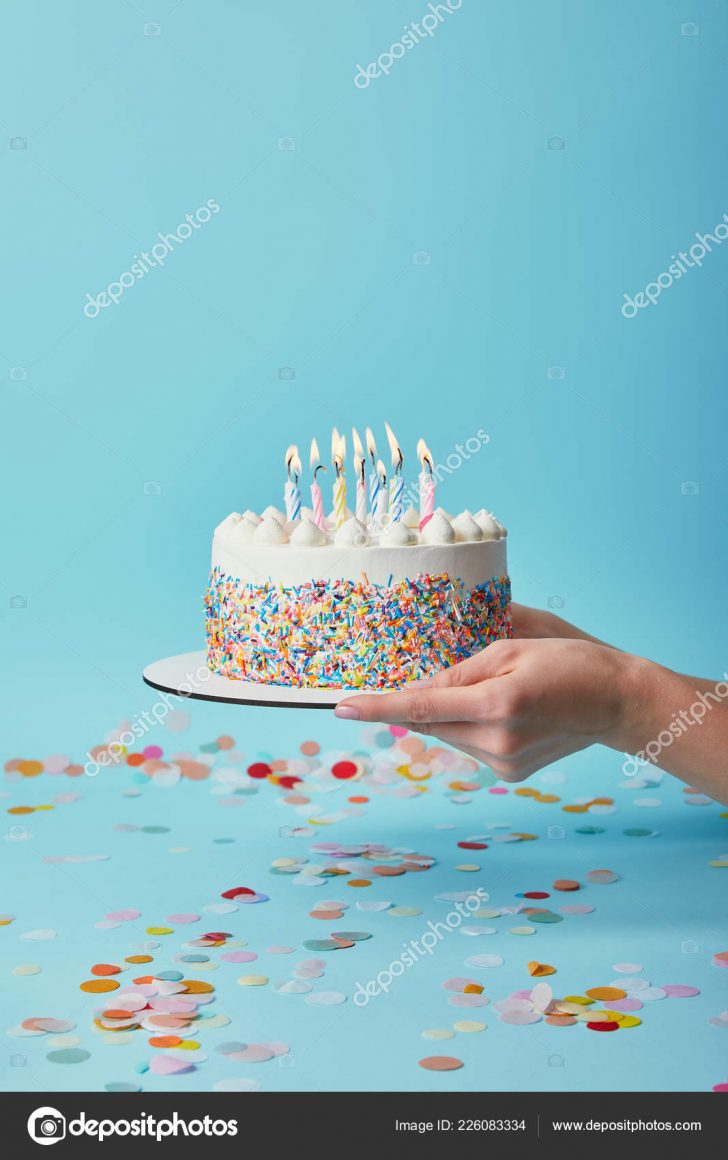 Woman Birthday Cake Cropped View Woman Holding Delicious Birthday Cake Candles Blue Woman Birthday Cake Cropped View Woman Holding Delicious Birthday Cake Candles Blue