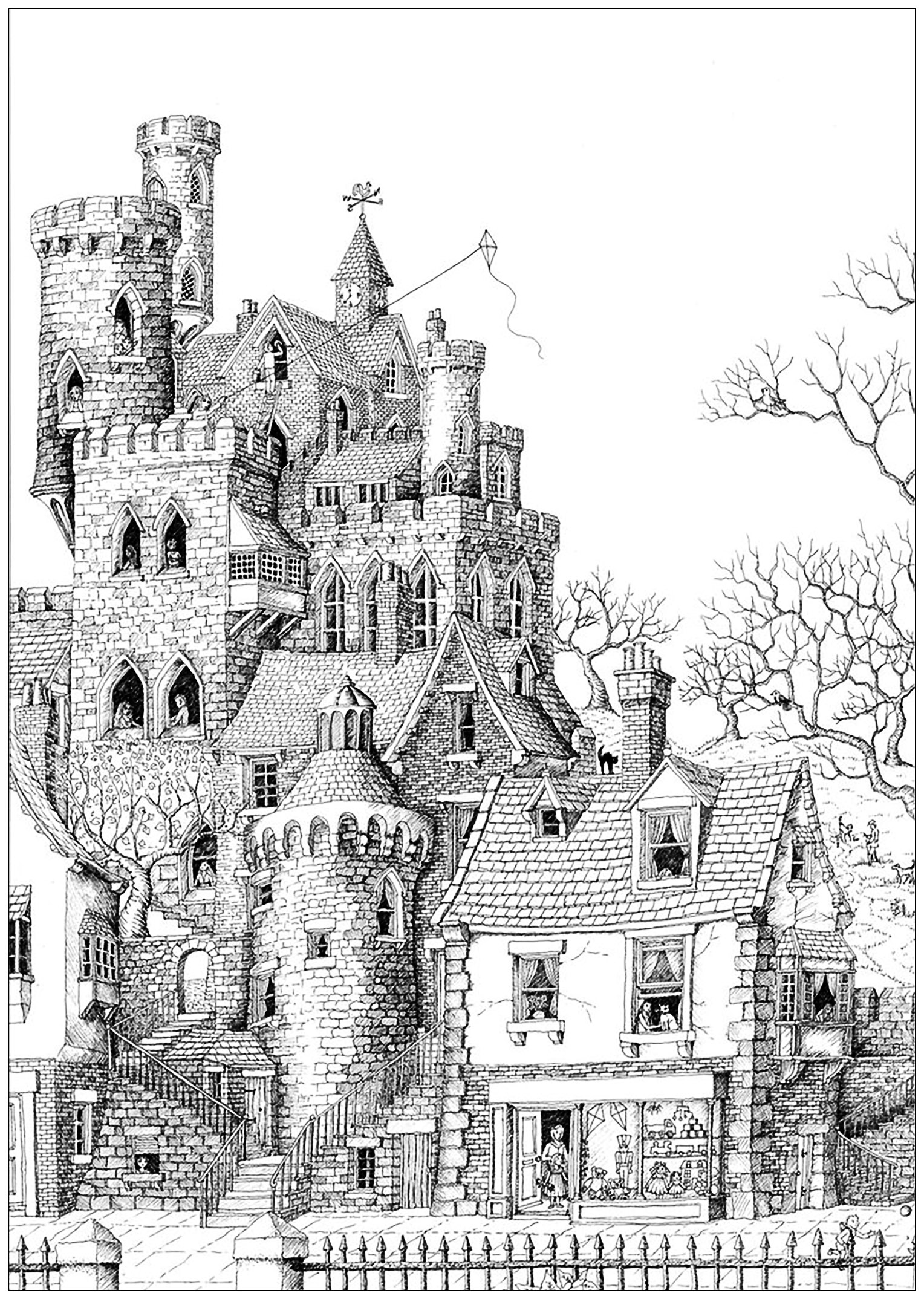 castle-coloring-pages-castle-in-a-village-architecture-adult-coloring